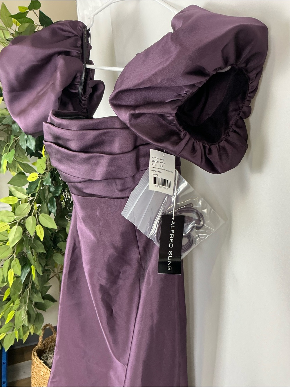 ALFRED SUNG Off-the-Shoulder Satin Maxi Dress in Plum - Picture 3 of 6
